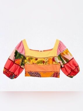 FARM Rio Floral Patchwork Square-Neck Crop Top in Yellow & Pink